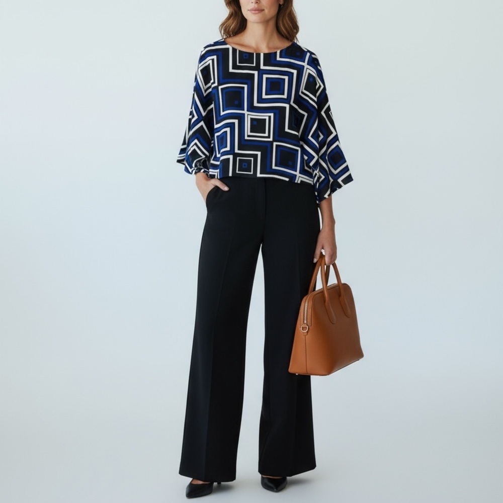 Black Label by Chico’s Geometric Box Print Top Blue Black White Office Career 8